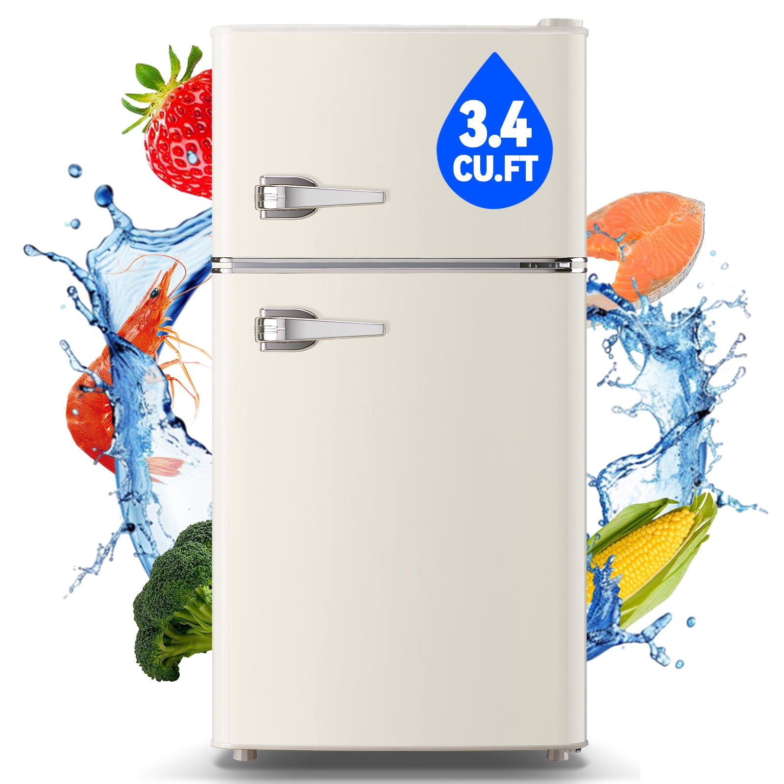 TACOOL Small Refrigerator with Freezer Retro Mini Fridge with Removable Shelves LED Light for Apartment 3.4Cu.Ft White