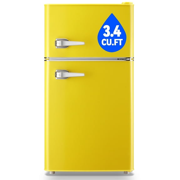 TACOOL Small Refrigerator with Freezer Retro Mini Fridge with Removable Shelves LED Light for Apartment 3.4Cu.Ft Yellow