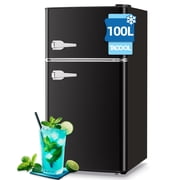 TACOOL Small Retro Mini Fridge with Top Freezer 100 Liter Dual Door Compact Refrigerator with Adjustable Thermostat LED Light, Low Noise for Dorm Black