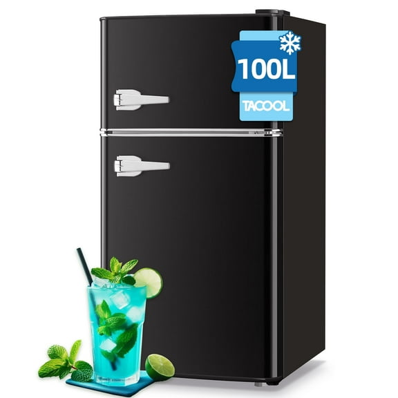 TACOOL Small Retro Mini Fridge with Top Freezer 100 Liter Dual Door Compact Refrigerator with Adjustable Thermostat LED Light, Low Noise for Dorm Black