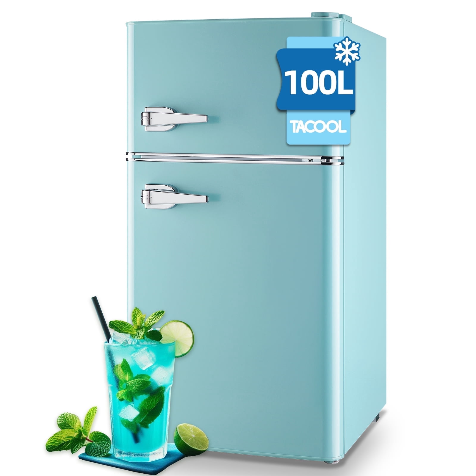 TACOOL Small Retro Mini Fridge with Top Freezer 100 Liter Dual Door Compact Refrigerator with Adjustable Thermostat LED Light, Low Noise for Dorm Blue