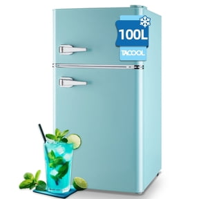 TACOOL Small Retro Mini Fridge with Top Freezer 100 Liter Dual Door Compact Refrigerator with Adjustable Thermostat LED Light, Low Noise for Dorm Blue