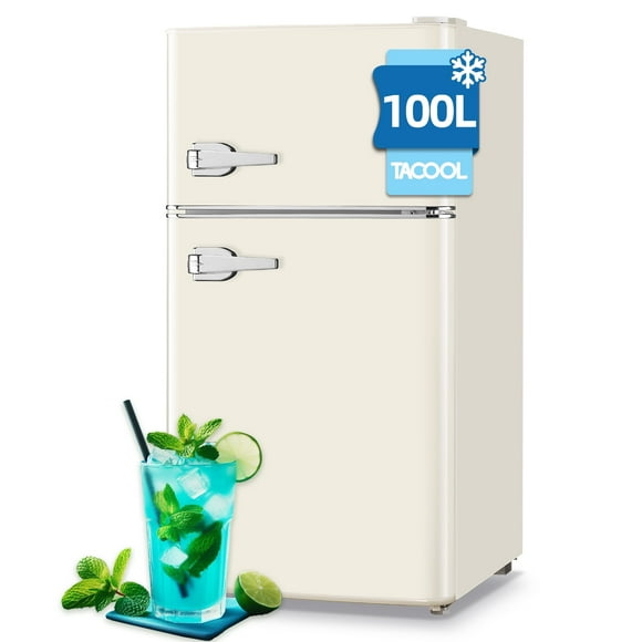 TACOOL Small Retro Mini Fridge with Top Freezer 100 Liter Dual Door Compact Refrigerator with Adjustable Thermostat LED Light, Low Noise for Dorm Cream White