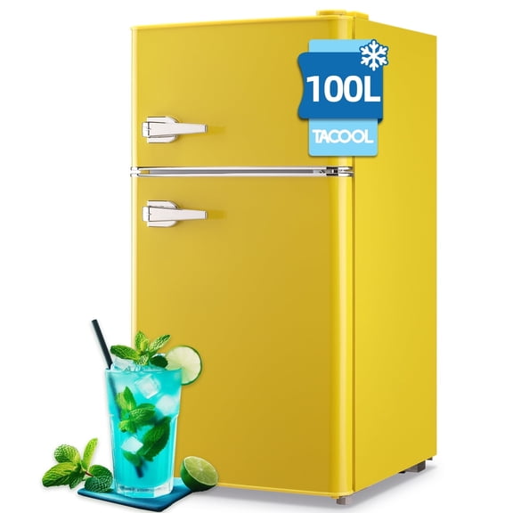 TACOOL Small Retro Mini Fridge with Top Freezer 100 Liter Dual Door Compact Refrigerator with Adjustable Thermostat LED Light, Low Noise for Dorm Yellow