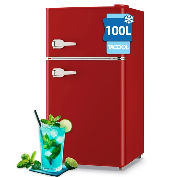 TACOOL Small Retro Mini Fridge with Top Freezer 100 Liter Dual Door Compact Refrigerator with Adjustable Thermostat LED Light, Low Noise for Dorm Red