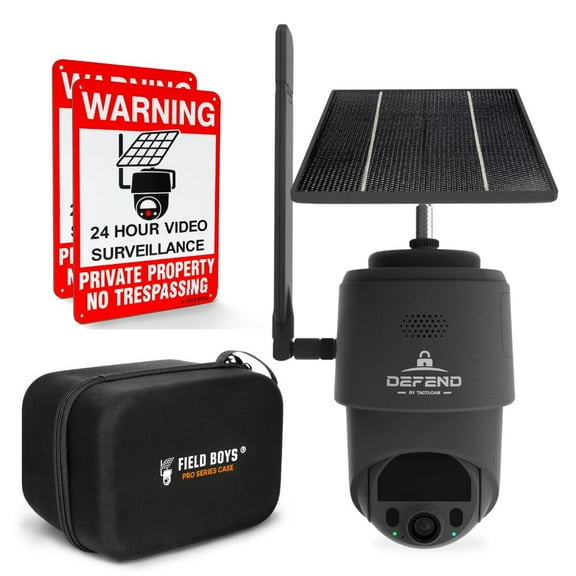 TACTACAM Defend 360 Cellular Security Camera, 4K Photos, 1080p Video, Solar + Rechargeable Battery, 360 Pan/Tilt/Zoom, LTE Cellular, Motion Alerts, Weather Resistant Includes Case & Warning Signs