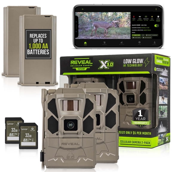 TACTACAM Reveal X Gen 3.0 Cellular Trail Camera - Multi Carrier, HD Photo & Videos, Pre-Installed Antenna, Built-in GPS, Low-Glow IR Flash + 32GB SD Card + Lipo Lithium Battery Pack 2PK