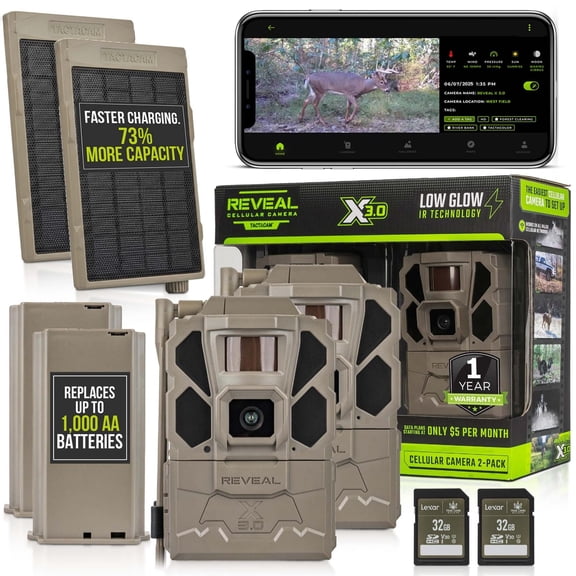 TACTACAM Reveal X Gen 3.0 Cellular Trail Camera - Multi Carrier, HD Photo & Videos, Pre-Installed Antenna, Built-in GPS, Low-Glow IR Flash + Solar Panel, Lipo Lithium Battery, & 32GB SD Card 2PK