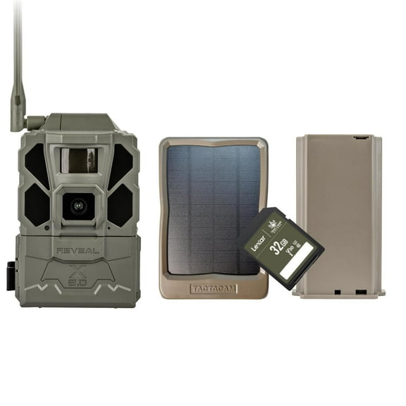 TACTACAM REVEAL X 3.0 Cellular Trail Camera - Multi Carrier, HD Photo & Videos, Pre-Installed Antenna, Built-in GPS, Low-Glow IR Flash + Solar Panel, Lipo Lithium Battery Pack, & 32GB SD Card