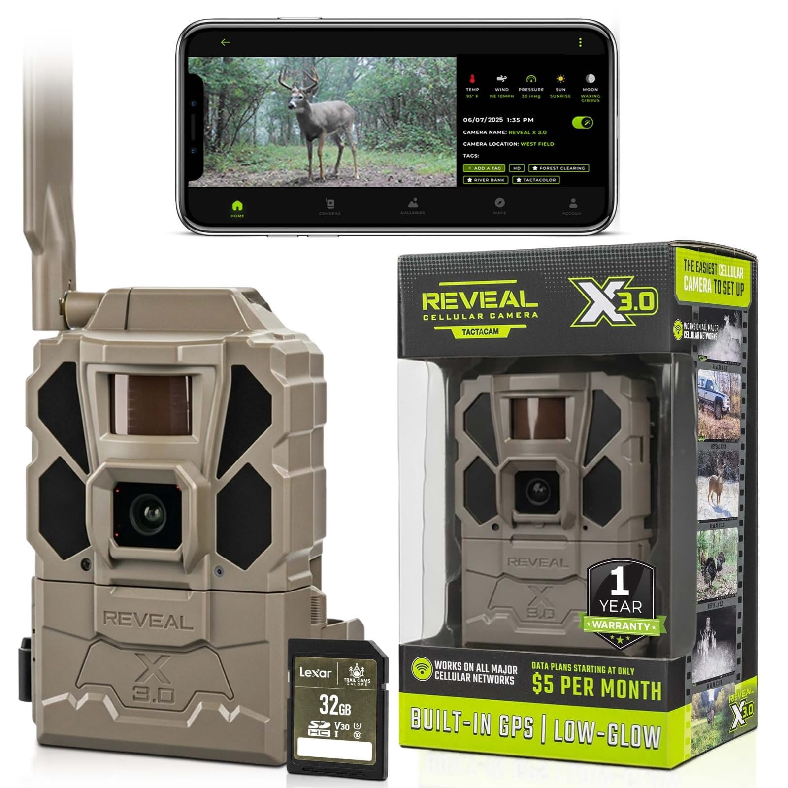 Tactacam REVEAL X Gen 3.0 Cellular Trail Camera - Multi Carrier, HD Photos & Videos, Pre-Installed Antenna, Built-in GPS, Best Battery Life, Low-Glow IR Flash, Fast Trigger Speed + 32GB SD Card 1 PK