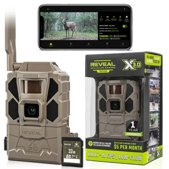 Tactacam REVEAL X Gen 3.0 Cellular Trail Camera - Multi Carrier, HD Photos & Videos, Pre-Installed Antenna, Built-in GPS, Best Battery Life, Low-Glow IR Flash, Fast Trigger Speed + 32GB SD Card 1 PK