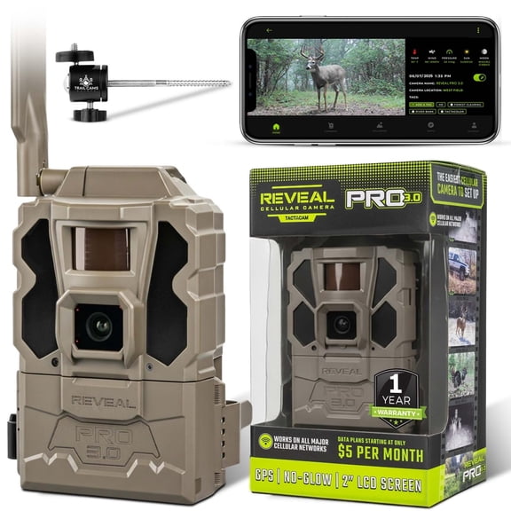 TACTACAM Reveal Pro 3.0 Cellular Trail Camera - Multi-Cellular Network, GPS, 2" LCD, No-Glow IR, Wi-Fi Enabled, HD Photos & 1080p Videos, Long Battery Life, Fast Trigger + Tree Mount