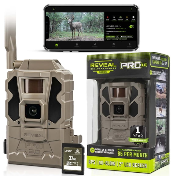 TACTACAM Reveal Pro 3.0 Cellular Trail Camera - Multi-Cellular Network, GPS, 2" LCD, No-Glow IR, Wi-Fi Enabled, HD Photos & 1080p Videos, Long Battery Life, Fast Trigger + 32GB SD Card 1PK