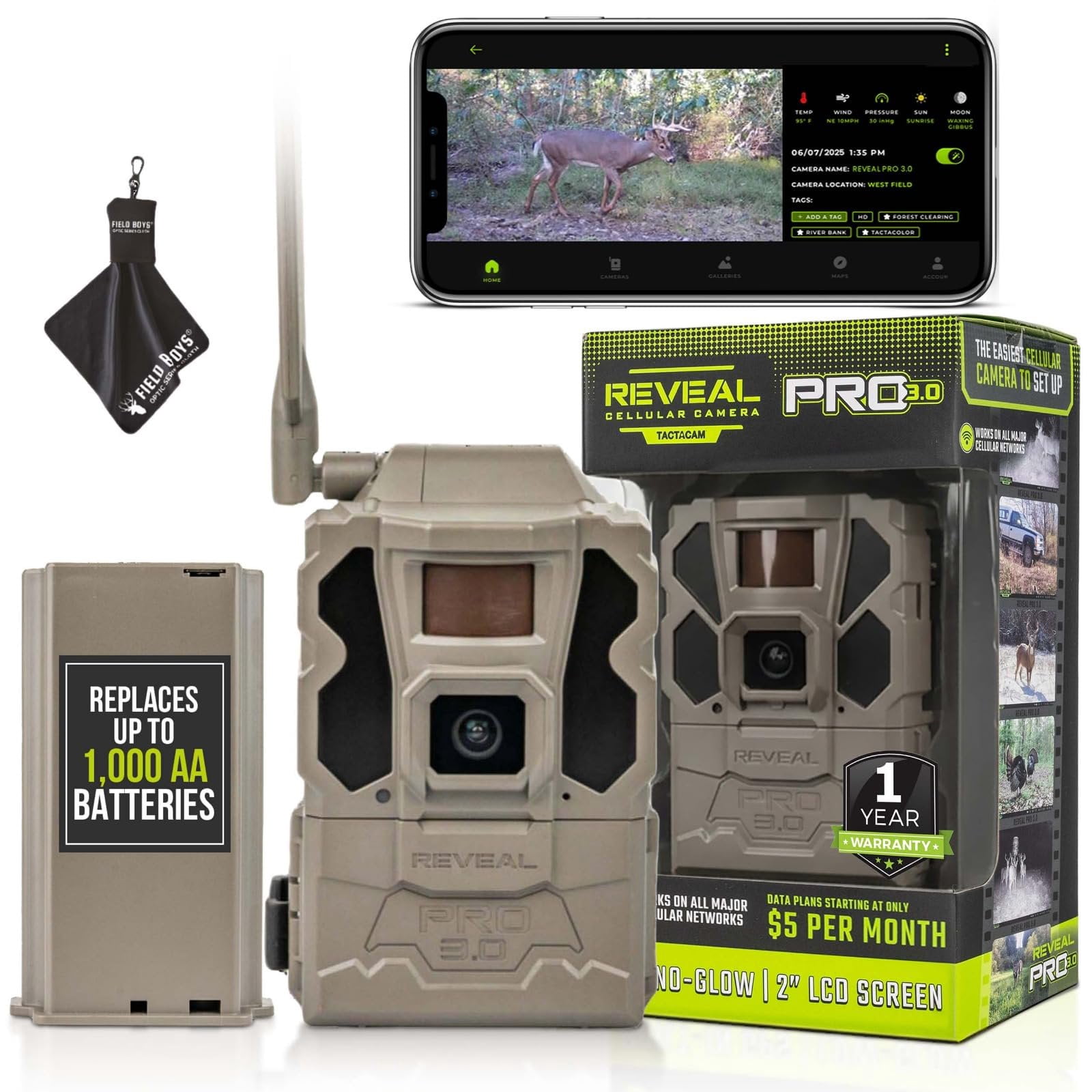 TACTACAM Reveal Pro 3.0 Cellular Trail Camera - Multi-Cellular Network, GPS, 2" LCD, No-Glow IR, Wi-Fi Enabled, HD Photos & 1080p Videos, Long Battery Life, Fast Trigger  with Lipo Battery Pack