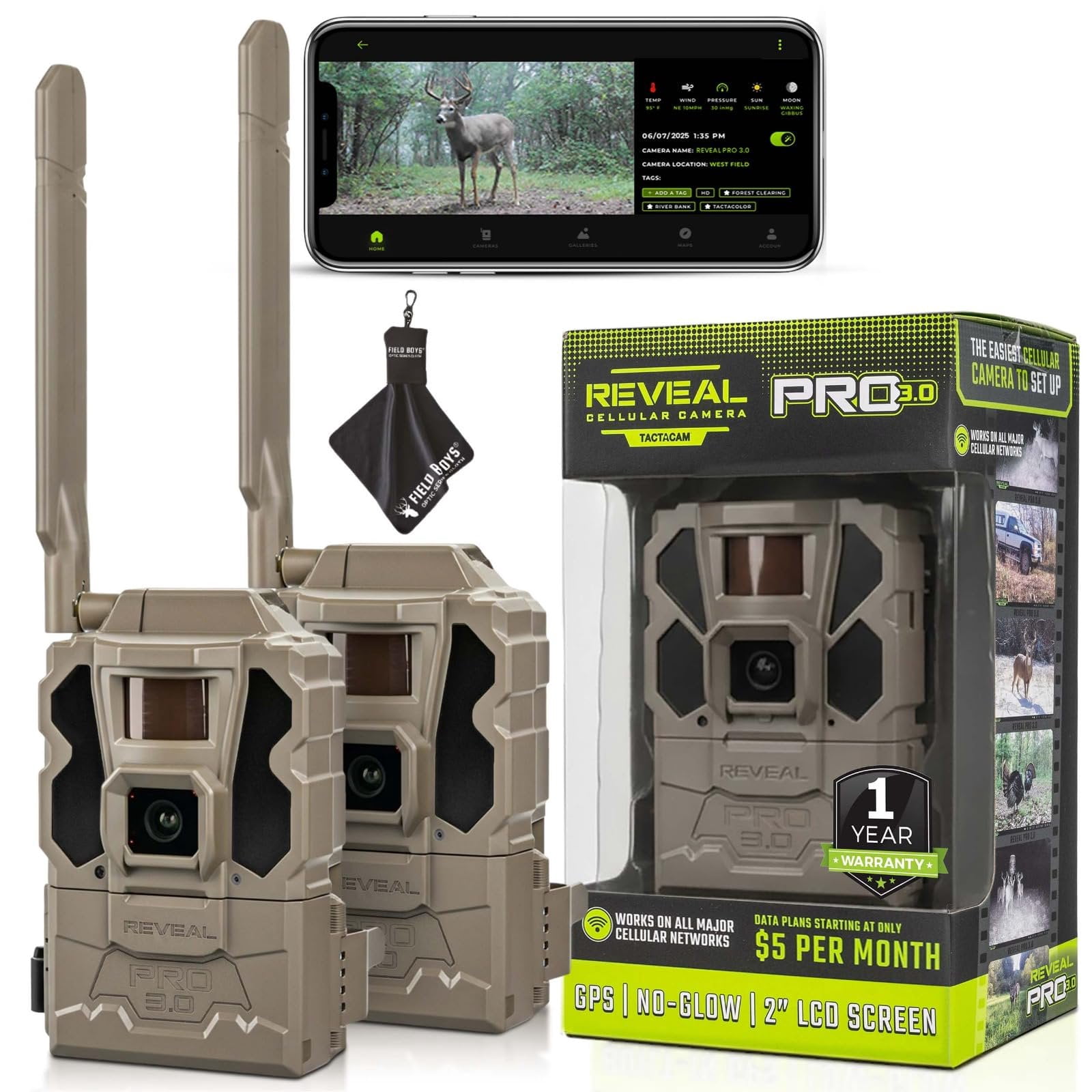 TACTACAM Reveal Pro 3.0 Cellular Trail Camera - Multi-Cellular Network, GPS, 2" LCD, No-Glow IR, Wi-Fi Enabled, HD Photos & 1080p Videos, Long Battery Life, Fast Trigger 2PK