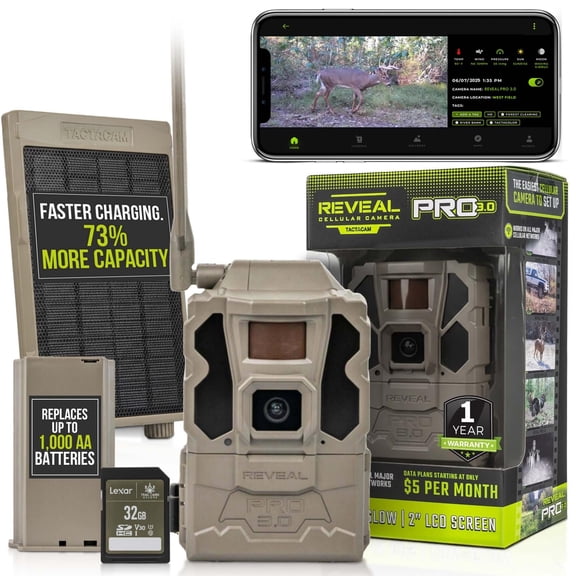 TACTACAM Reveal Pro 3.0 Cellular Trail Camera - Multi-Cellular Network, No-Glow IR, Wi-Fi Enabled, HD Photos & 1080p Videos, Long Battery Life + Solar Panel, Lipo Lithium Battery Pack, & 32GB SD Card