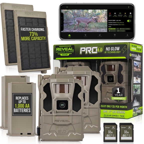 TACTACAM Reveal Pro 3.0 Cellular Trail Camera - Multi-Cellular Network, Wi-Fi Enabled, HD Photos & 1080p Videos, Long Battery Life + Solar Panel, Lipo Lithium Battery Pack, & 32GB SD Card 2PK