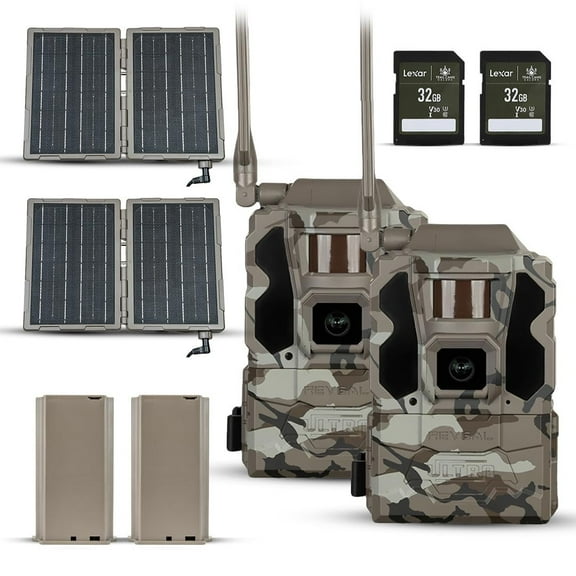 TACTACAM Reveal Ultra Cellular Trail Camera 4K Photo, 1080P Video, Live Streaming, GPS, Low-Glow/No-Glow Flash, LTE Includes Folding Solar Panels, Rechargeable Batteries & SD Cards 2PK