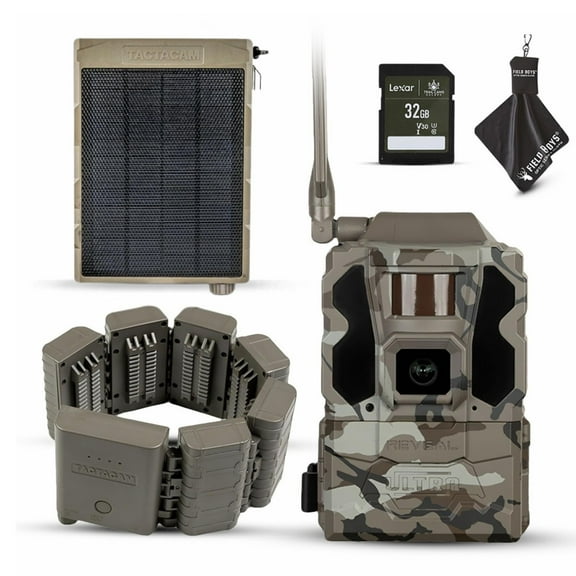 TACTACAM Reveal Ultra Cellular Trail Camera 4K Photo, 1080P Video, Live Streaming, GPS, Low-Glow/No-Glow Flash, LTE - Includes Solar Panel, Battery Belt, SD Card, & Cleaning Cloth