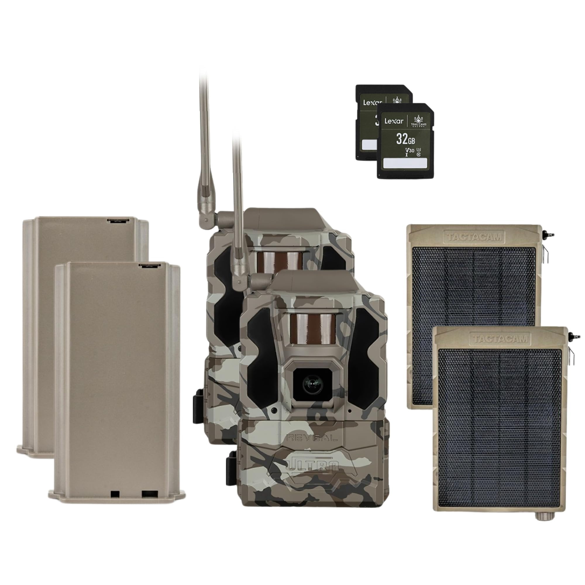 TACTACAM Reveal Ultra Cellular Trail Camera  4K Photo, 1080P Video, Live Streaming, GPS, Low-Glow/No-Glow Flash, LTE  Includes Solar Panel, Lipo Lithium Battery Pack, & 32GB SD Card 2PK
