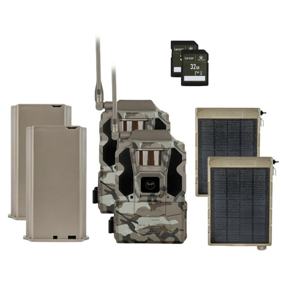TACTACAM Reveal Ultra Cellular Trail Camera 4K Photo, 1080P Video, Live Streaming, GPS, Low-Glow/No-Glow Flash, LTE Includes Solar Panel, Lipo Lithium Battery Pack, & 32GB SD Card 2PK