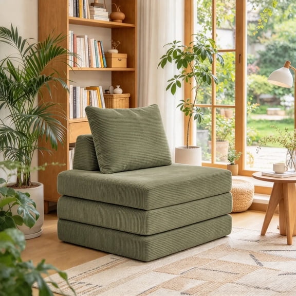 TACTOW 2-in-1 Convertible Sleeper Sofa, Corduroy Folding Sofa Bed with Pillow, High Density Foam Guest Lounge Sofa for Small Space,Green