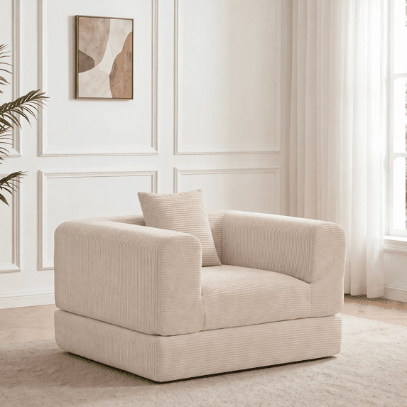 TACTOW Boneless Sleeper Sofa,Corduroy Multifunctional Single Sofa Chair With 1pc Pillow for Living Room Bedroom Office,Beige