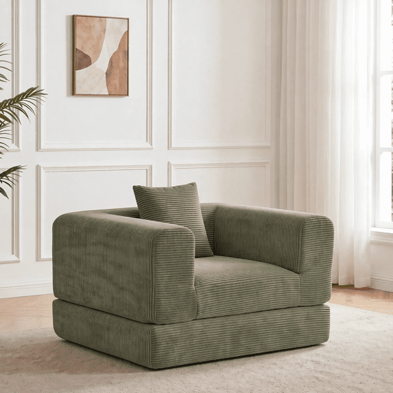 TACTOW Boneless Sleeper Sofa,Corduroy Multifunctional Single Sofa Chair With 1pc Pillow for Living Room Bedroom Office,Green