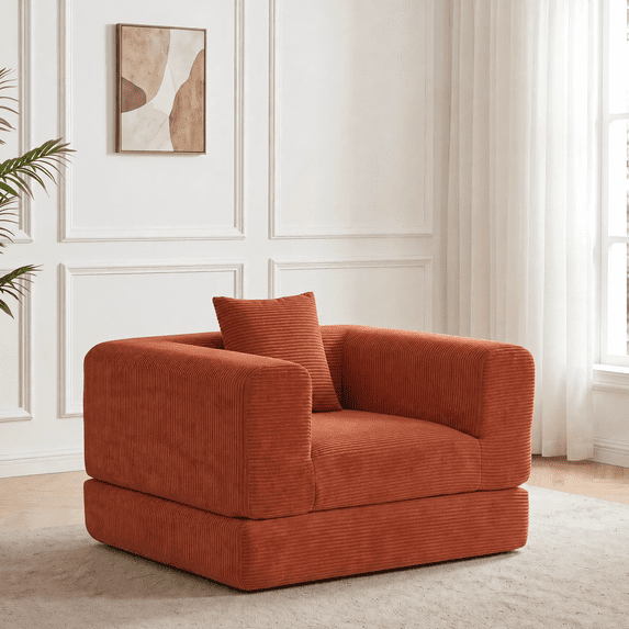 TACTOW Boneless Sleeper Sofa,Corduroy Multifunctional Single Sofa Chair With 1pc Pillow for Living Room Bedroom Office,Orange