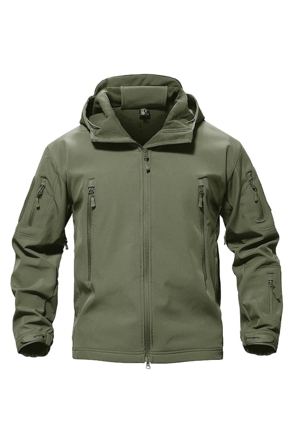 Men Windproof Soft Shell Outdoor Fleece Hoodie hooks and loops Coat Army Green M