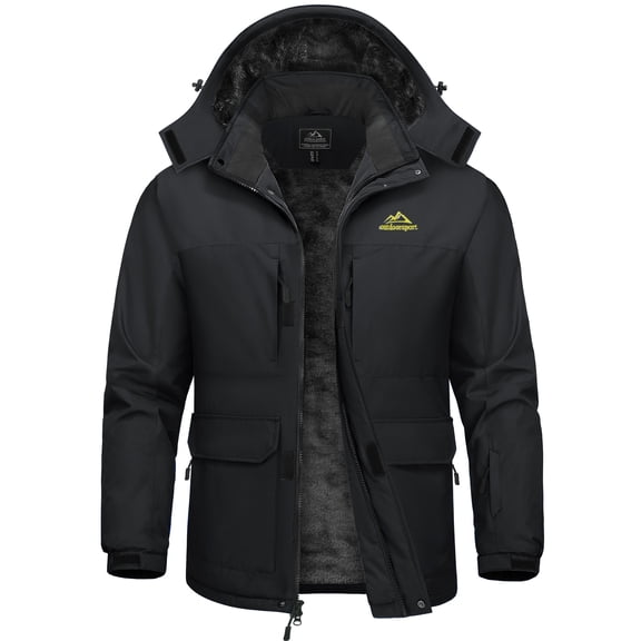 TACVASEN Men's 9 Pockets Winter Snow Ski Jacket Waterproof Windproof Thick Warm Fleece-Lined Snowboarding Coat with Detachable Hood Black L