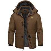 TACVASEN Men's 9 Pockets Winter Snow Ski Jacket Waterproof Windproof Thick Warm Fleece-Lined Snowboarding Coat with Detachable Hood Coffee S