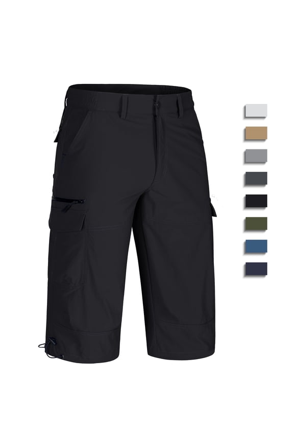 Men's Cargo Long Shorts Quick Dry Water Resistant Lightweight Breathable Summer 3/4 Capri Pants, Black, 32