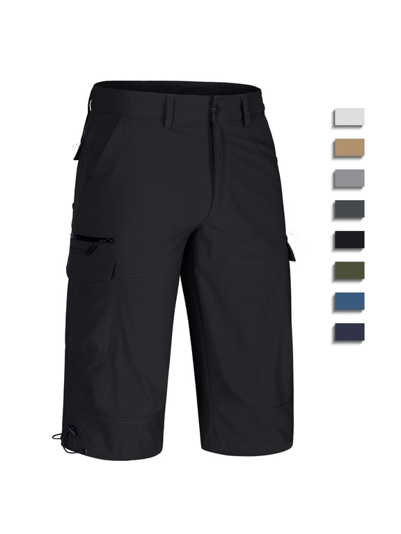 Men's Cargo Long Shorts Quick Dry Water Resistant Lightweight Breathable Summer 3/4 Capri Pants, Black, 34