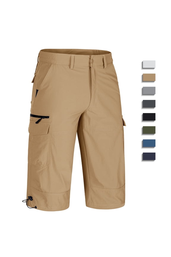Men's Cargo Long Shorts Quick Dry Water Resistant Lightweight Breathable Summer 3/4 Capri Pants, Khaki, 32