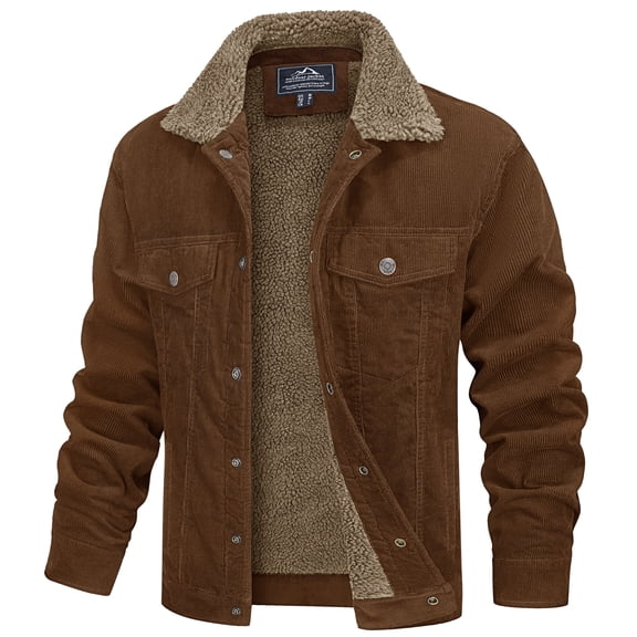 TACVASEN Men's Corduroy Jackets Sherpa Lined Winter Coats Thermal Warm Thick Fleece Jacket Casual Snap Lapel Collar Trucker Cargo Jackets with 5 Pockets Brown L