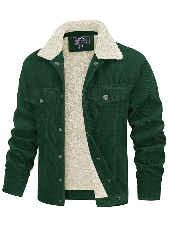 Men's Corduroy Jackets Sherpa Lined Winter Coats Thermal Warm Thick Fleece Jacket Casual Snap Lapel Collar Trucker Cargo Jackets with 5 Pockets Green S
