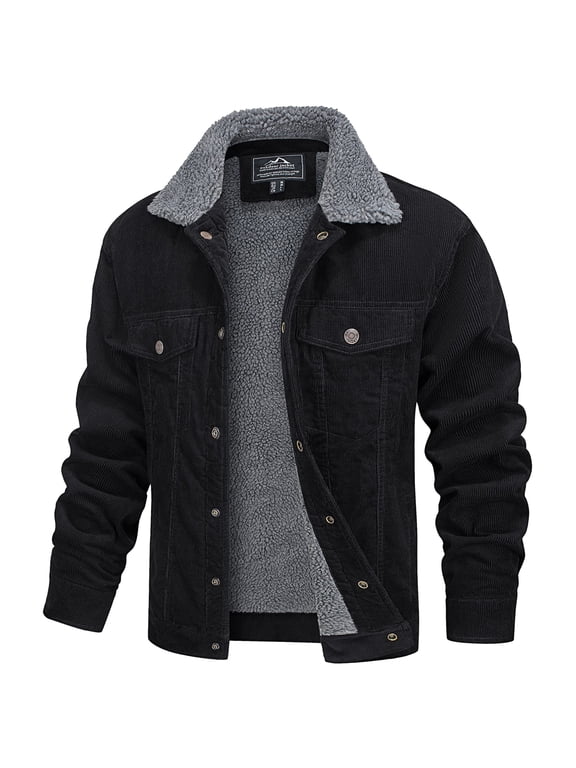Men's Corduroy Jackets Sherpa Lined Winter Coats Thermal Warm Thick Fleece Jacket Casual Snap Lapel Collar Trucker Cargo Jackets with 5 Pockets Black M