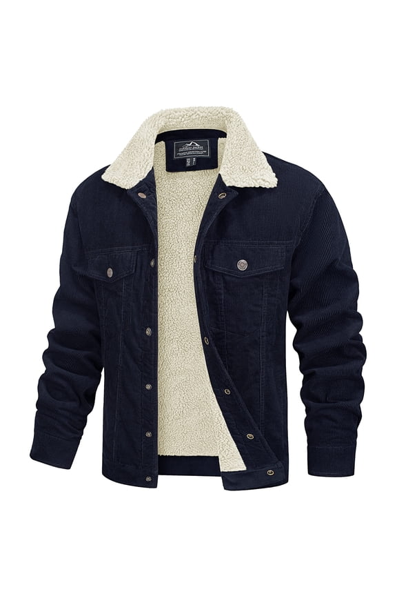 Men's Corduroy Jackets Sherpa Lined Winter Coats Thermal Warm Thick Fleece Jacket Casual Snap Button Lapel Collar Trucker Cargo Jackets with 5 Pockets