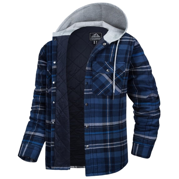 TACVASEN Men's Flannel Hooded Jacket Quilted Lined Plaid Button Down Cotton Jackets Blue Gray 2XL