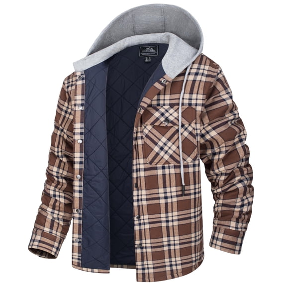 TACVASEN Men's Flannel Hooded Jacket Quilted Lined Plaid Button Down Cotton Jackets Brown 2XL