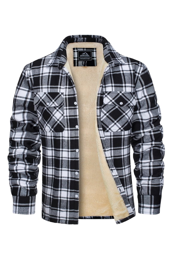 Men's Flannel Shirt Jacket Warm Fleece Plaid Jacket Cotton Winter Coats Black XL