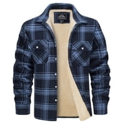 TACVASEN Mens Flannel Shirt Jacket Warm Fleece Plaid Jacket Cotton Winter Coats Gray Blue L