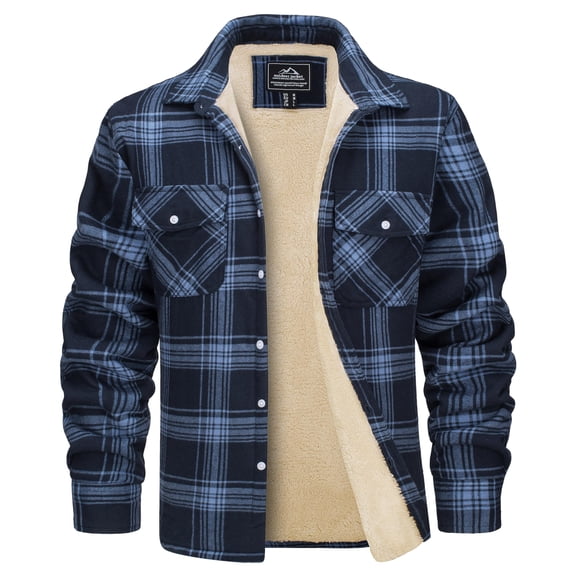 TACVASEN Men's Flannel Shirt Jacket Warm Fleece Plaid Jacket Cotton Winter Coats Gray Blue L