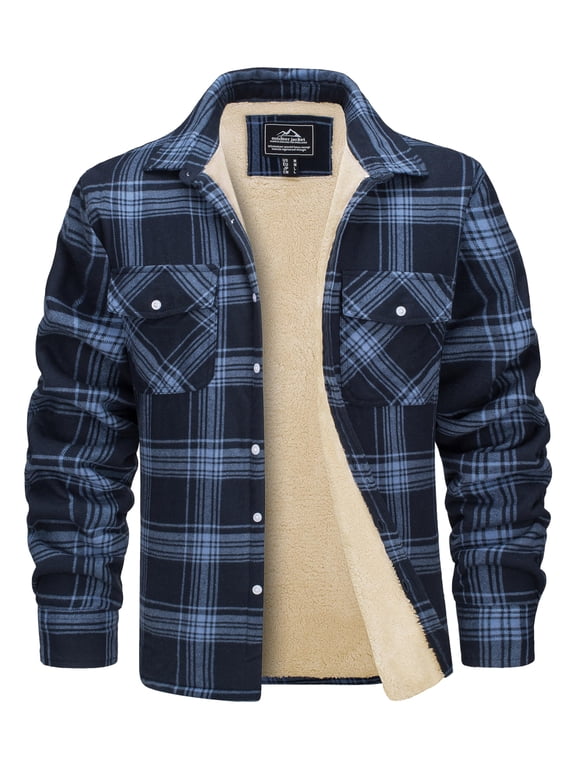 Men's Flannel Shirt Jacket Warm Fleece Plaid Jacket Cotton Winter Coats Gray Blue L