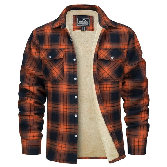 TACVASEN Men's Flannel Shirt Jacket Warm Fleece Plaid Jacket Cotton Winter Coats Orange XL