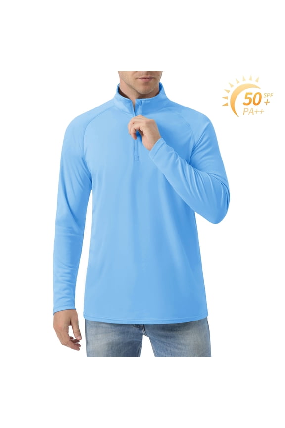 Men's UPF 50+ Sun Shirts 1/4 Zip Up Fishing Running T-Shirts Lightweight Quick Dry Outdoor Athletic Long Sleeve Tops, Waterfall Blue, 2XL