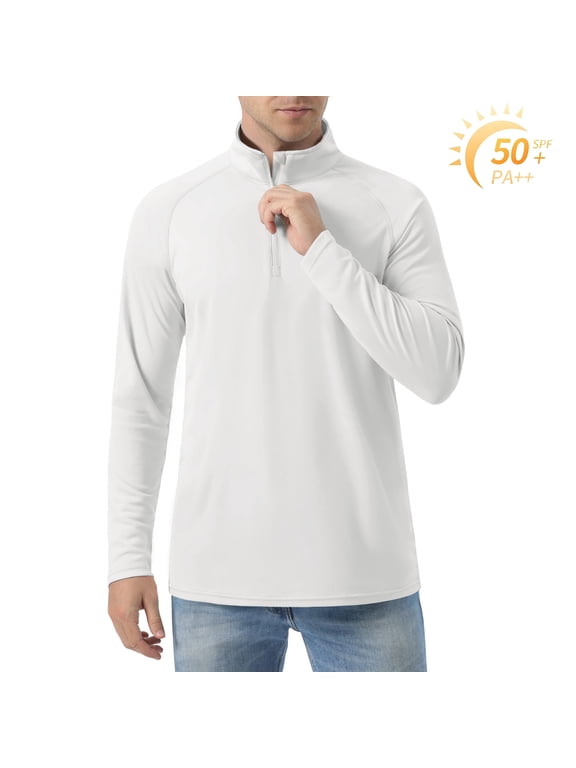 Men's UPF 50+ Sun Shirts 1/4 Zip Up Fishing Running T-Shirts Lightweight Quick Dry Outdoor Athletic Long Sleeve Tops, White, L