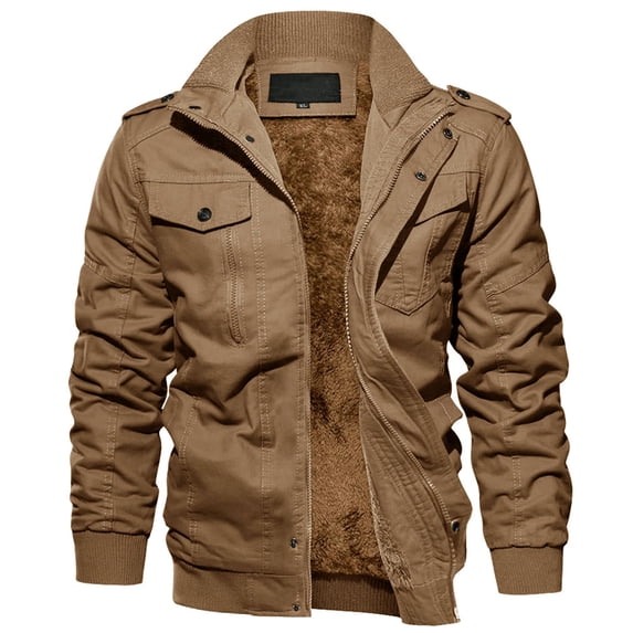 TACVASEN Men's Winter Fleece Lined Jacket Thick Sherpa Trucker Cargo Coat Field Zip Front Stand Collar Outwear with Multi Pockets for Casual Work, Khaki, L