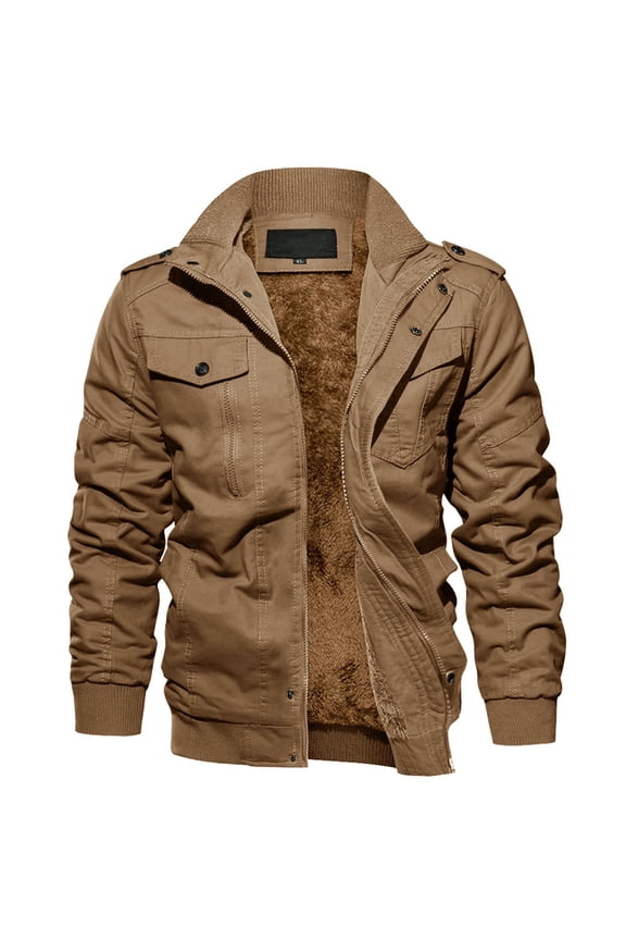 Men's Winter Bomber Jacket Fleece Lined Thick Cargo Coat Sherpa Trucker Military Jacket Field Stand Collar Zipper Outwear Jacket with Multi Pockets for Casual Work